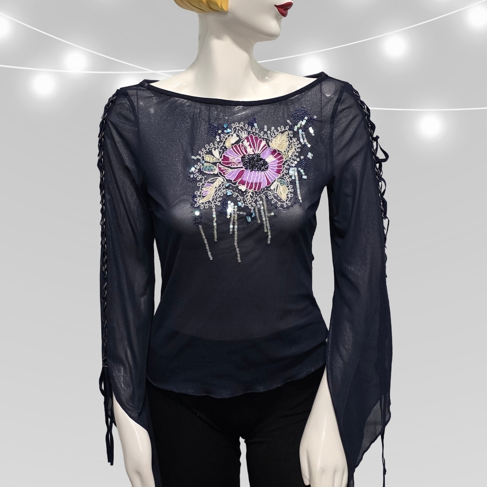 Vintage Express Chic Sheer Navy Top with Floral Embroidery